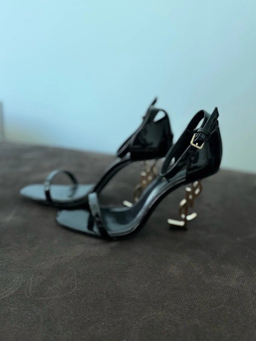 Louis Vuitton Black Patent Sandals with Gold LV Logo Heels